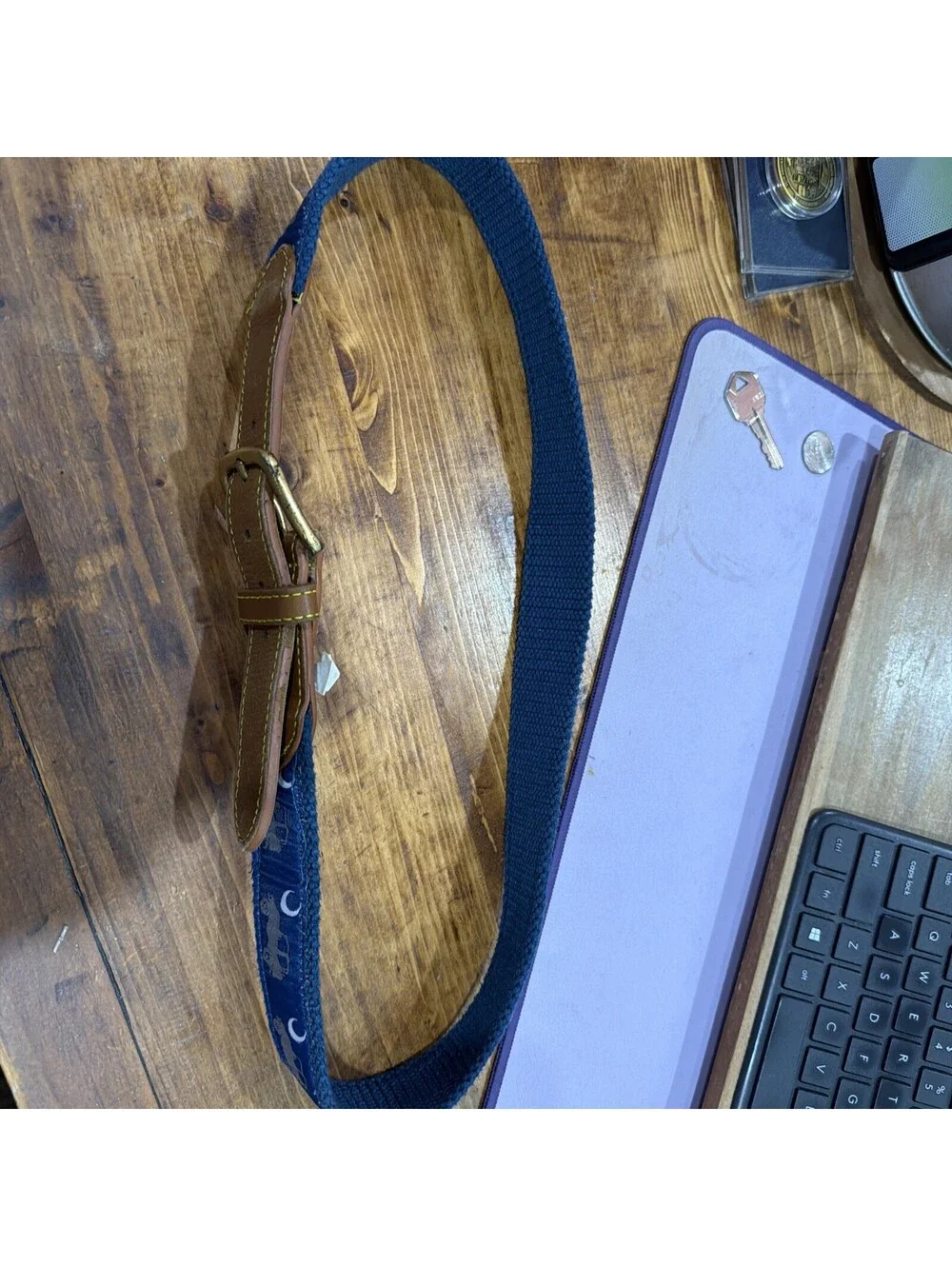 Navy Blue Canvas and Leather Belt with Car and Moon Pattern